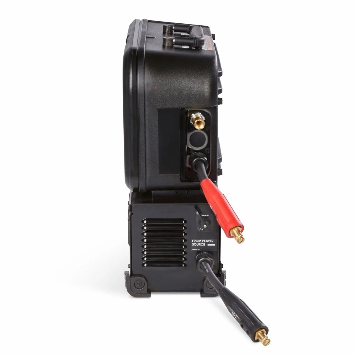 The Lincoln Activ8X Pipe (Tweco) K4717-1 is an upright black electronic wire feeder with red and black cables attached to gold terminals, labeled From Power Source, featuring a ribbed vent, top buttons and panels, shown on a white background.
