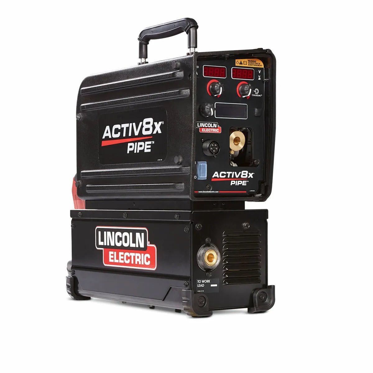 The Lincoln Activ8X Pipe (Tweco) K4717-1 is a black, compact, and rugged wire feeder with digital displays, control knobs, ports, and a sturdy top handle—perfect for field or industrial pipe welding jobs.