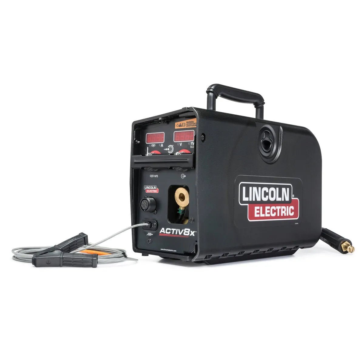 Lincoln Activ8X Wire Feeder K3519-1, portable welding equipment with digital display, cables, clamps, and CrossLinc Technology.