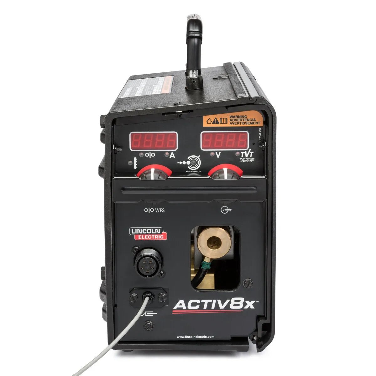 Lincoln Activ8X Wire Feeder K3519-1 welding equipment with CrossLinc, control knobs, digital displays, ports, and wire spool window.