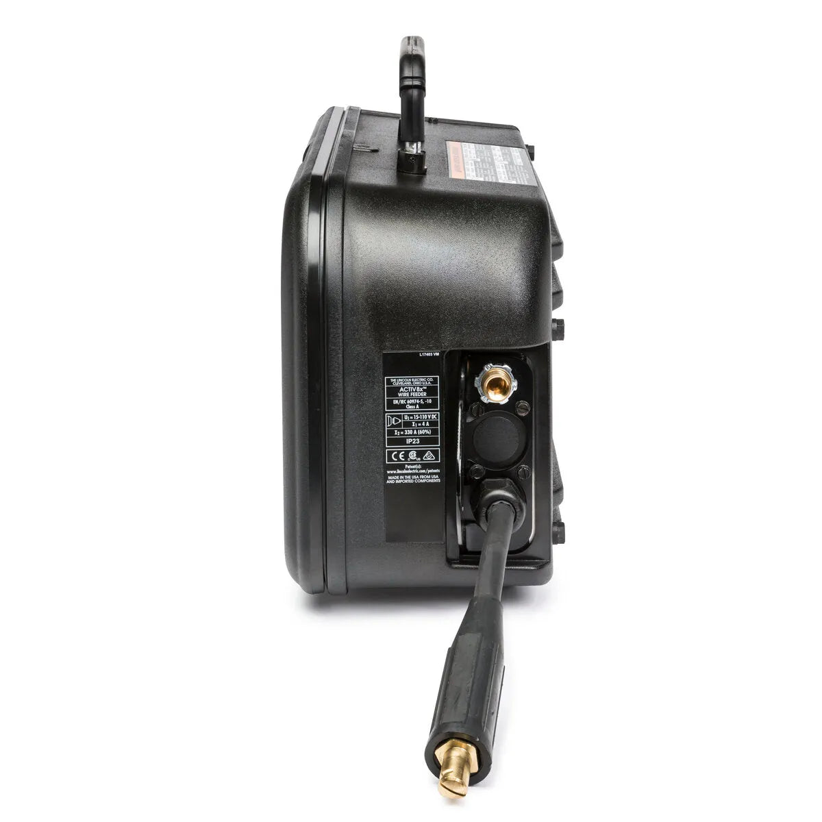 Side view of compact black pressure washer with ports, hose, and label—resembles Lincoln Activ8X Wire Feeder (Tweco) K3519-1.