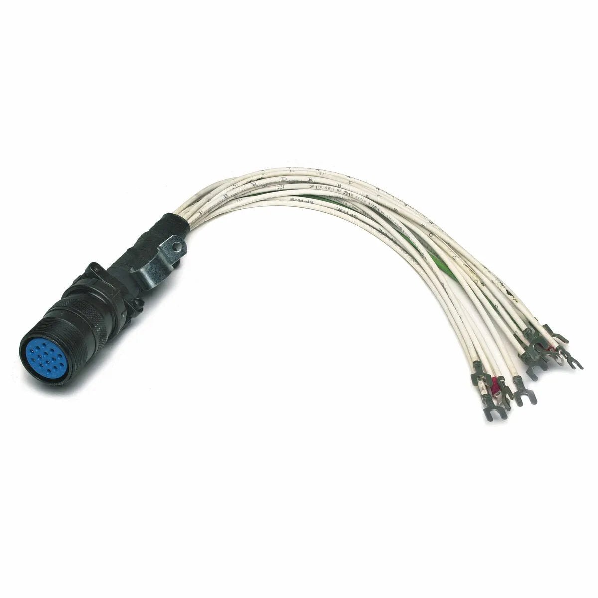 A Lincoln Adapter Cable Female 14 pin Control Cable to Terminal Strip K1798 features a black circular connector with a blue face and multiple pin holes, attached to several white wires ending in metal terminals, fanning outward.