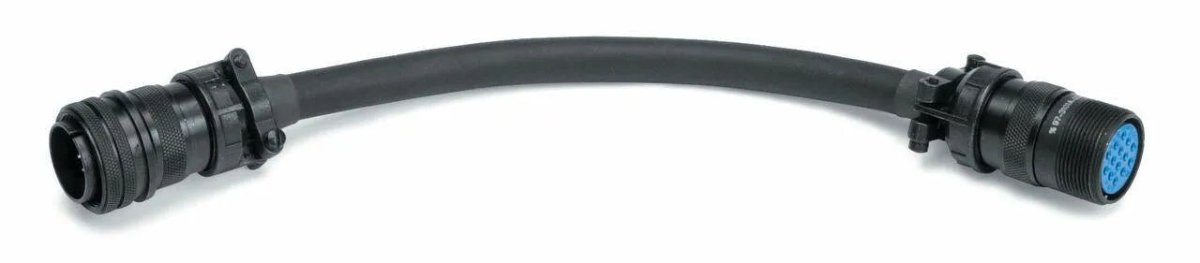 A black cable with circular connectors and textured grips, featuring locking mechanisms; ideal for connecting Lincoln Adapters for Competitive Power Sources (K2335-1). The right connector displays multiple blue pins in a circular pattern.