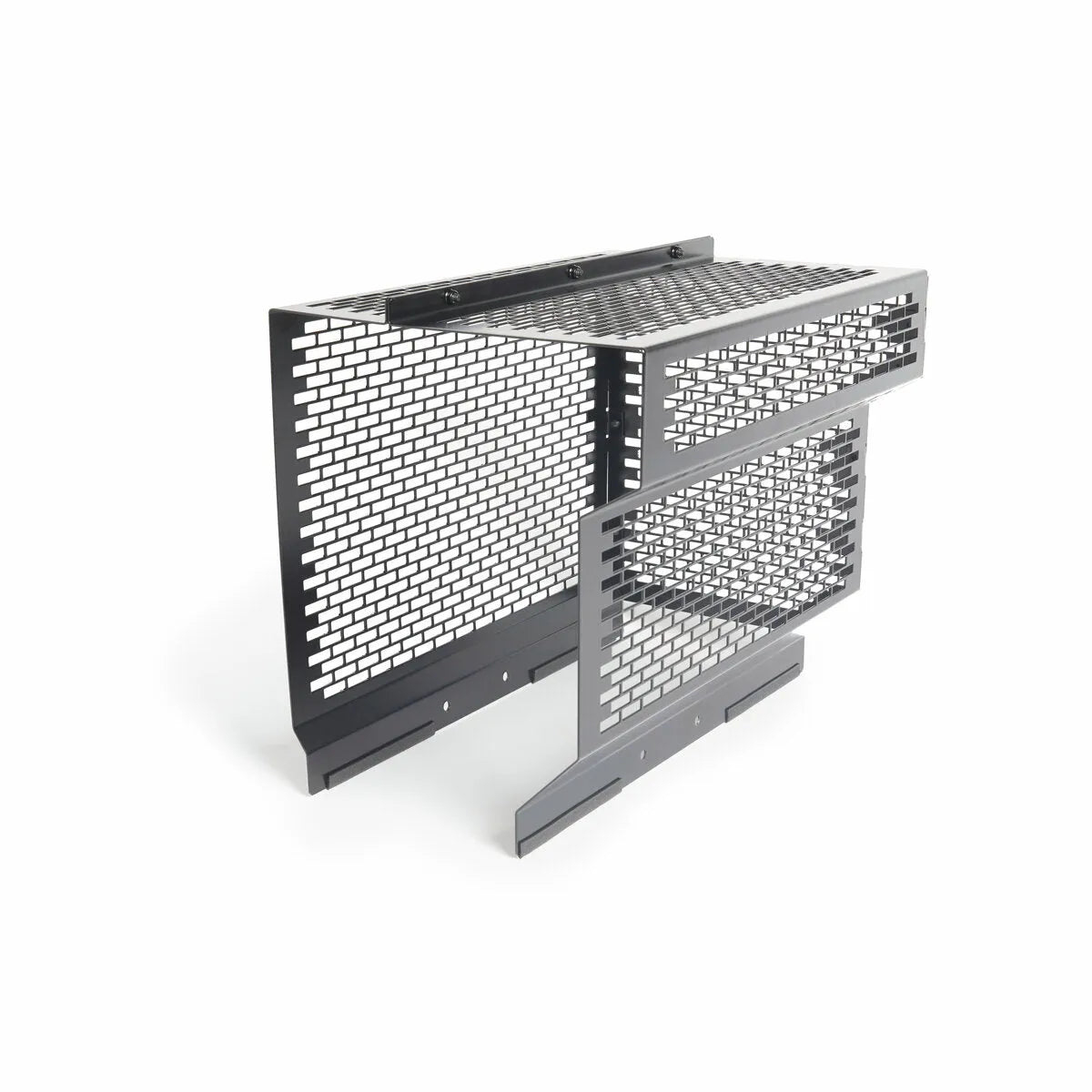 The Lincoln Air Cleaner Guard Kit K4698-1 is a black metal mesh guard with angled sides and elongated hexagonal holes. Designed for Deutz engine air filters in Lincoln Vantage welders, it features three mounting flanges with screw holes.
