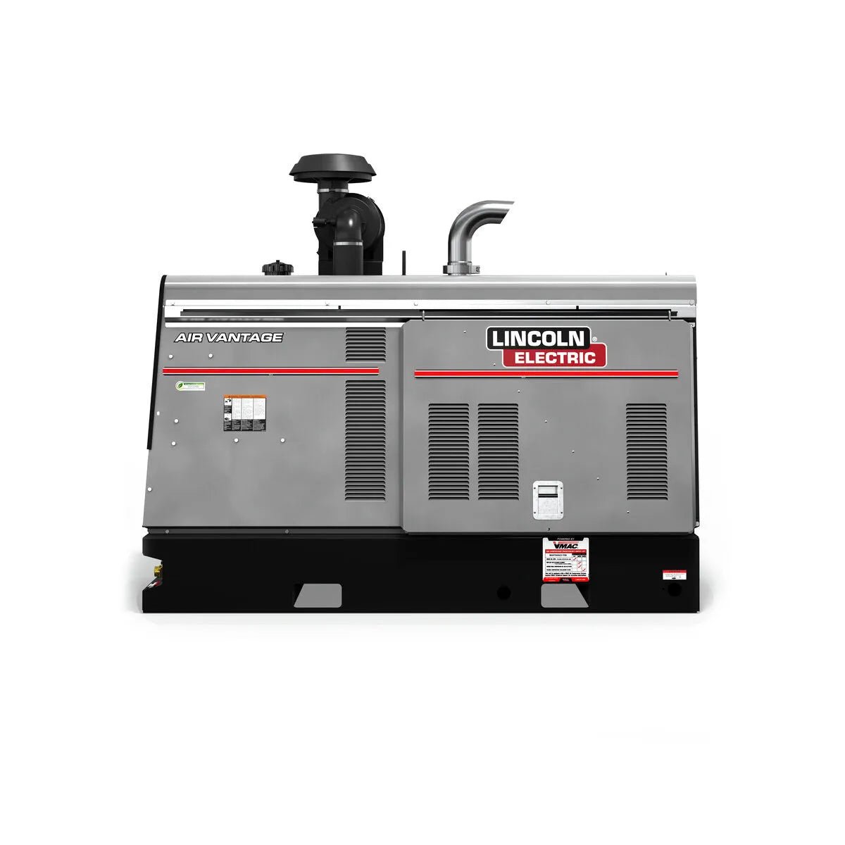 A large gray Lincoln Air Vantage 566X Engine Driven Welder Deutz - K3242-3 is shown on a white background, featuring vents, control panels, a black base, red logo, top exhaust pipes, and a sturdy rectangular design.