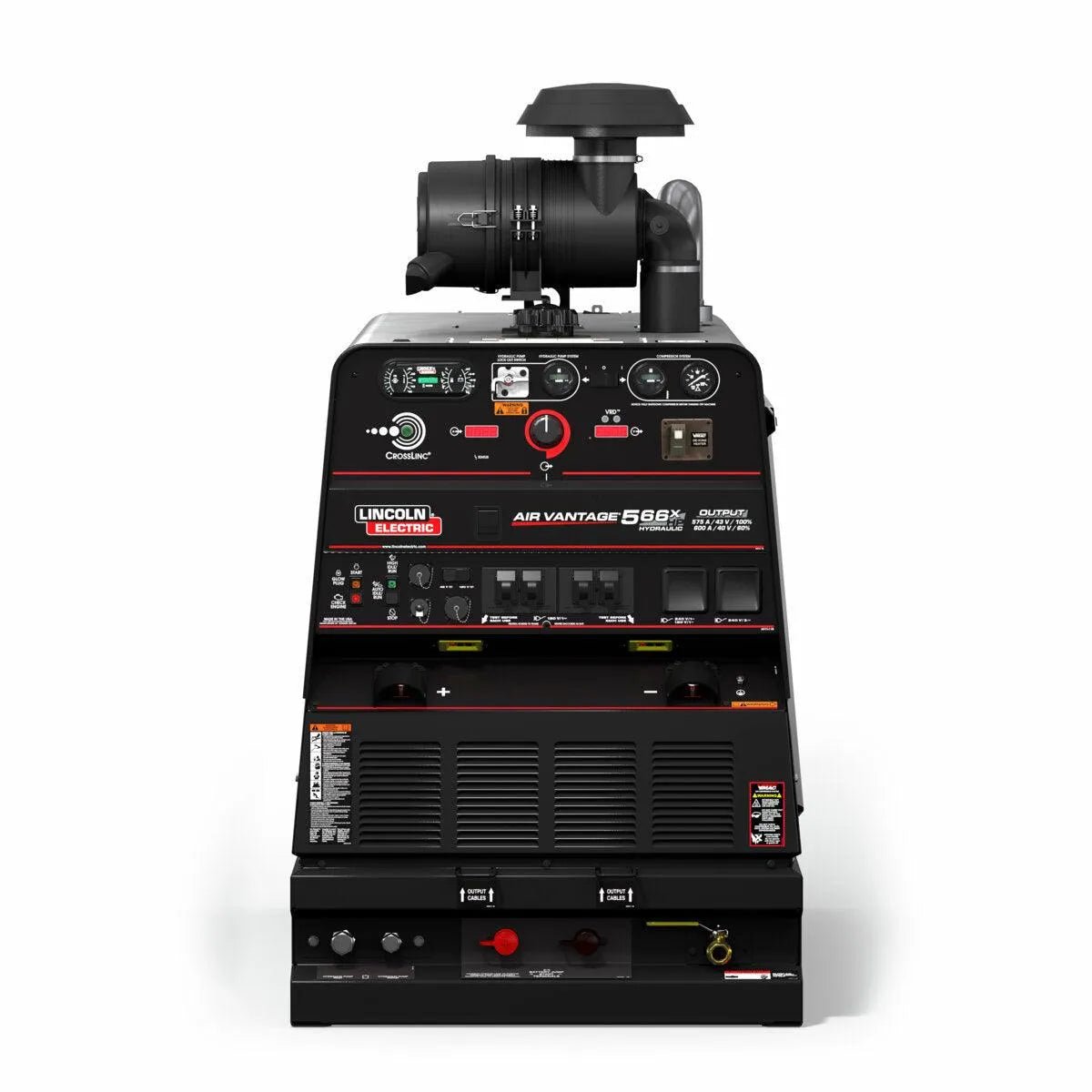 A black Lincoln Air Vantage 566X Hydraulic 4-in-1 Welder/Generator/Compressor/Pump (K4343-4) is shown from the front, with dials, switches, gauges, labeled outlets, and a large exhaust pipe against a plain white background.