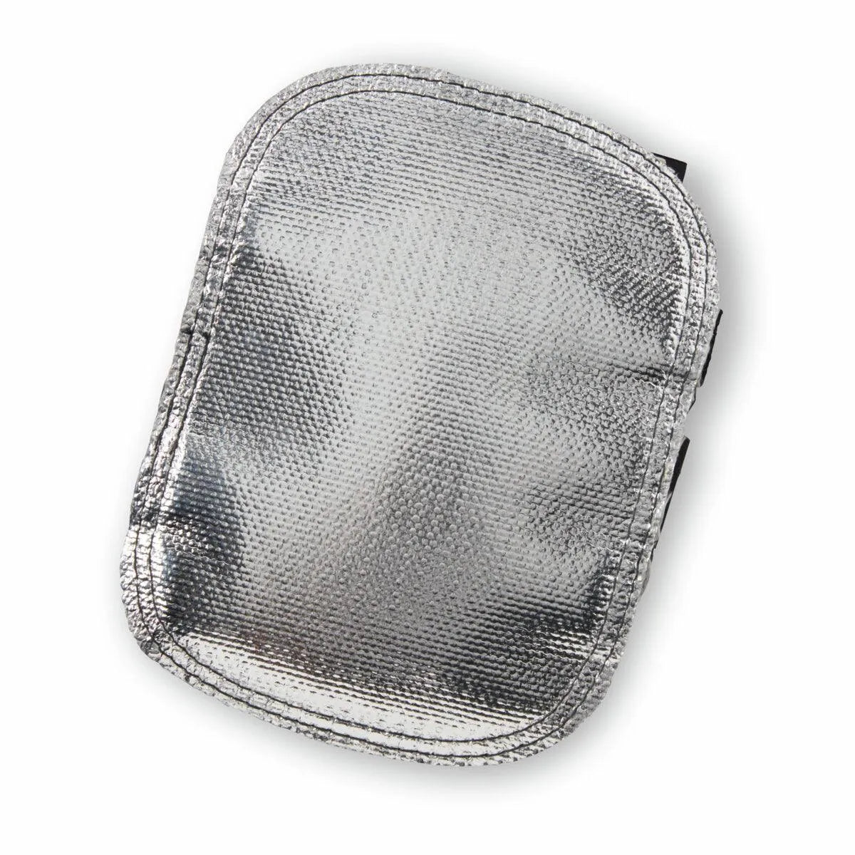 The Lincoln Aluminized Fiberglass Hand Shield 6 x 8 K4697-1 is a rectangular, silver, metallic pouch with rounded edges and a textured, reflective surface, resembling a soft, padded accessory expertly stitched and shown on a plain white background.