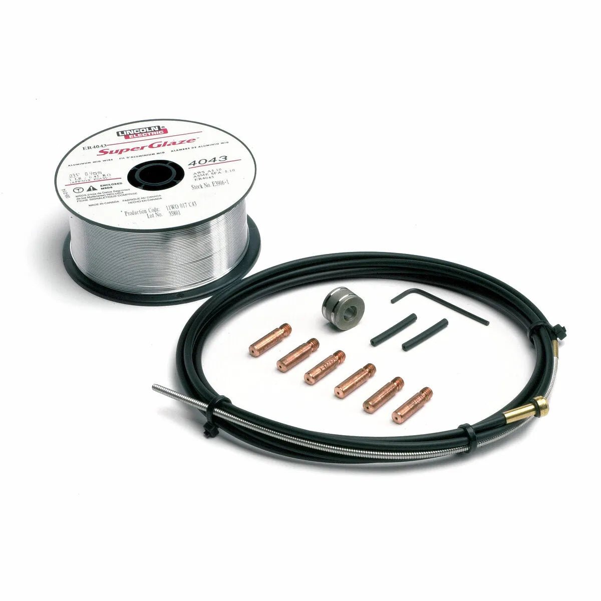 The Lincoln Aluminum Welding Kit 0.035 in (0.9 mm) K664-2 is displayed on a white background with a spool of MIG wire, black cable, six copper contact tips, nozzle, and three hex keys arranged neatly together.