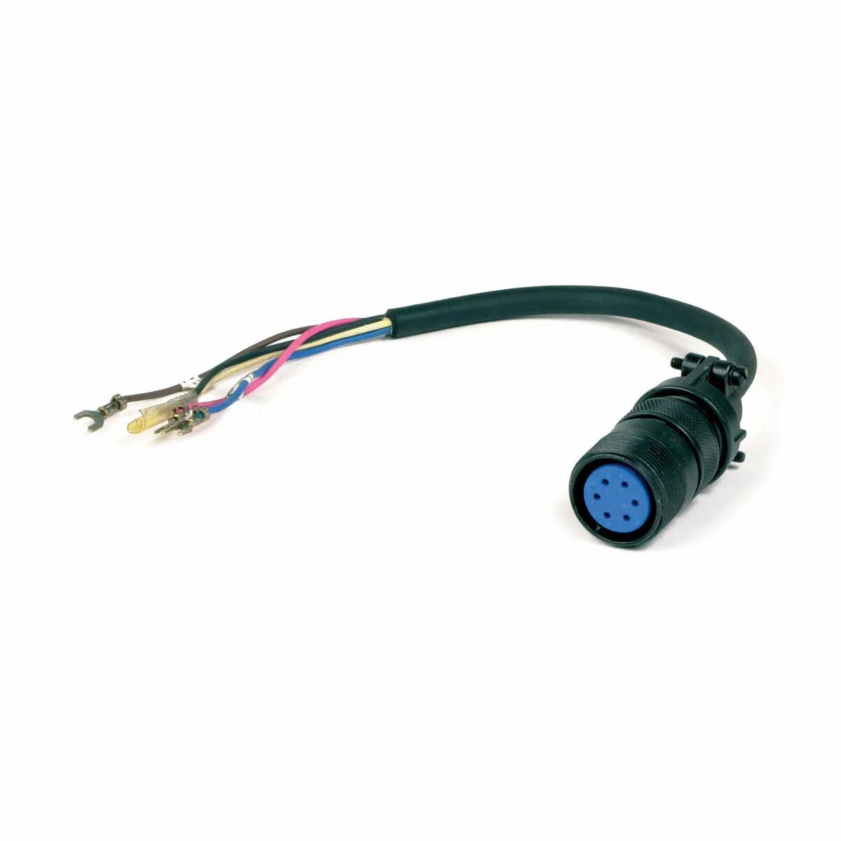 A black cable featuring a blue circular 6-pin MS-type female connector on one end and four color-coded forked wire terminals on the other, compatible with Lincoln Amptrol Adapter Kit K843, shown on a white background.