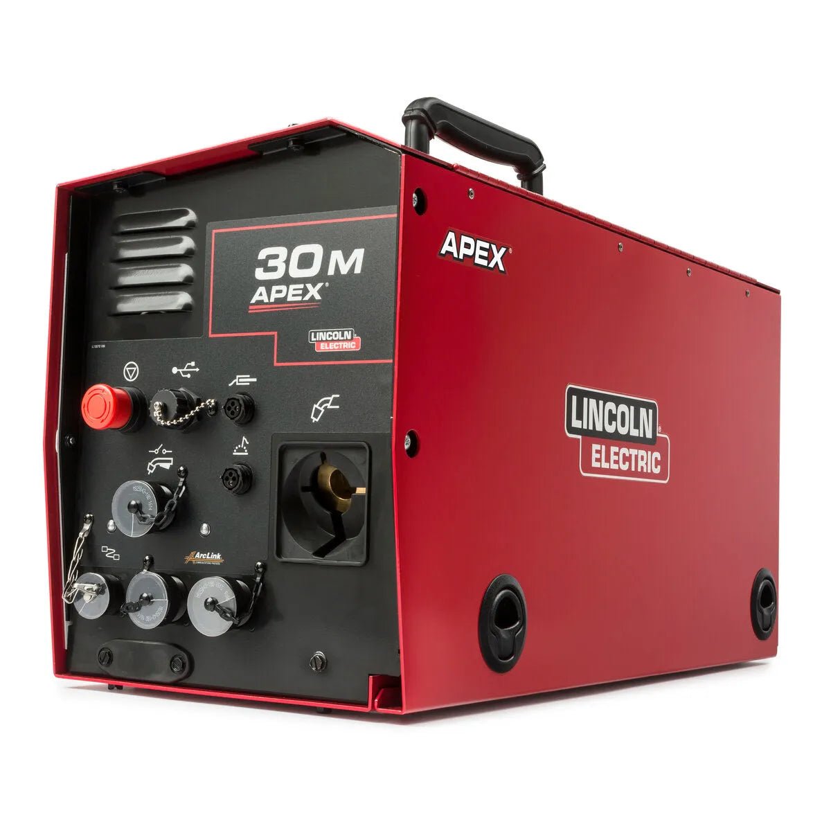 The Lincoln APEX 30M Mechanized Controller K52160-1, shown in red and black with a top handle for easy carrying, features front-panel dials, switches, and ports. The unit is displayed on a white background.
