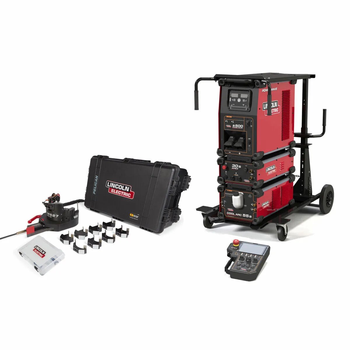 Lincoln APEX 30S HELIX M627 TIG Ready-Pak (K52285-1) welding system with cart, clamps, cables, case—mechanized TIG equipment.