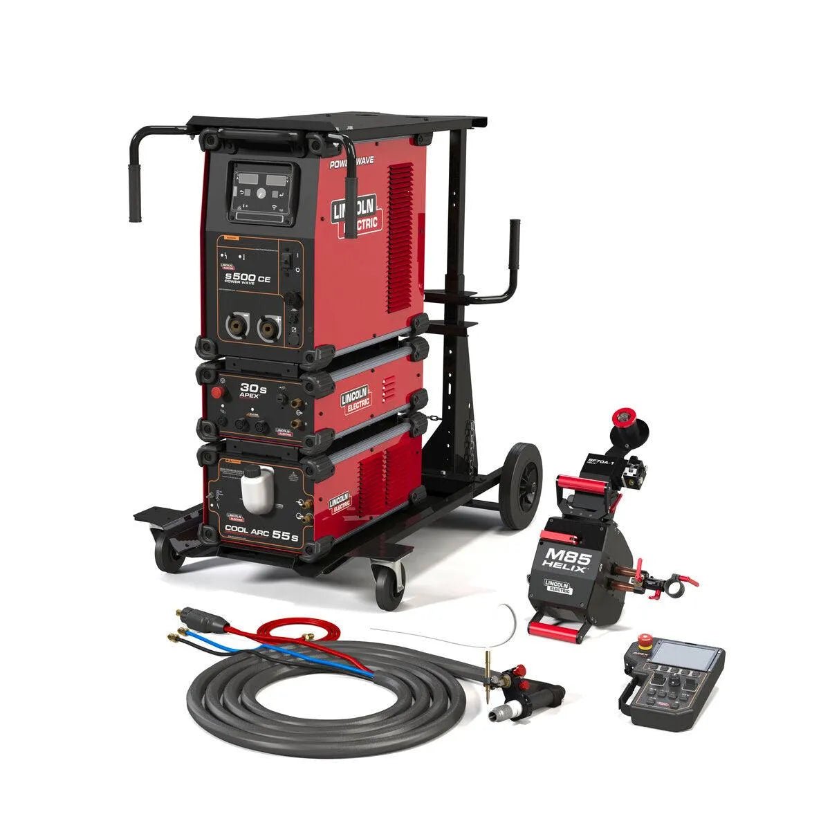 Lincoln APEX 30S HELIX M85 TIG Ready-Pak CE K52260-2 welder with cart, cables, hoses, controller & welding accessories.
