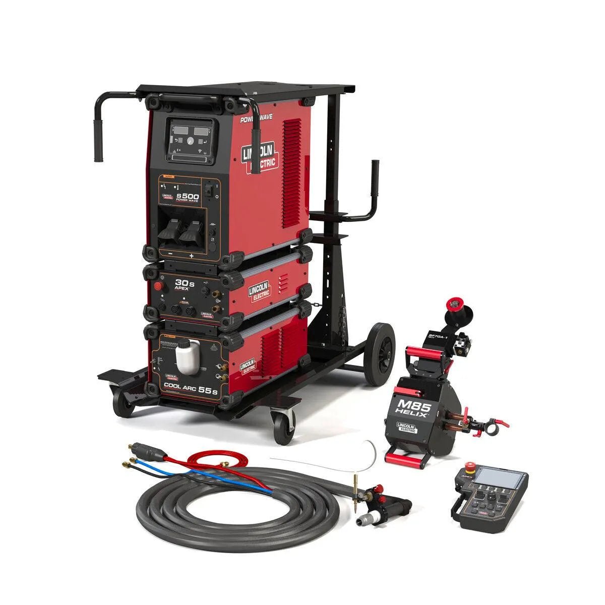 Lincoln APEX 30S HELIX M85 TIG Ready-Pak K52260-1 welder on cart with cables, torch, hoses, remote—welding tools included.