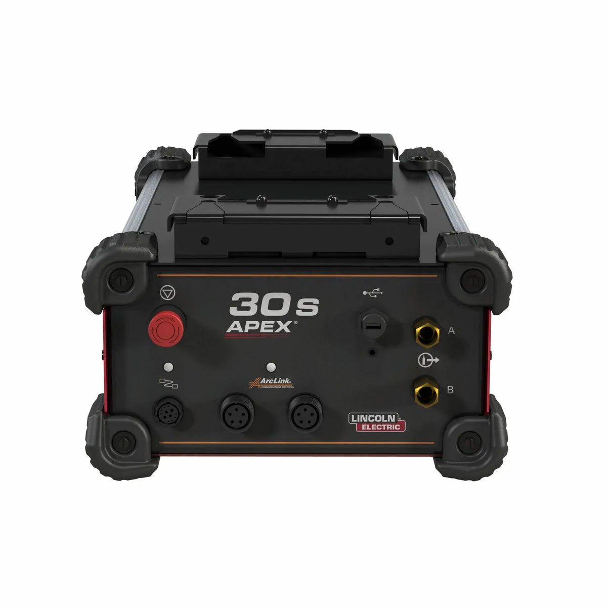 Front view of the Lincoln APEX 30S Mechanized Controller K52217-1, featuring a black and red design with corner protectors and labeled connectors—ideal for HELIX M series weld heads in orbital welding applications.
