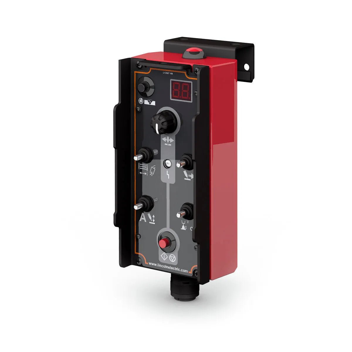 The Lincoln APEX Operator Pendant K52147-1 is a red and black industrial control box with “telecoautomation.com” branding, digital display, five knobs, labeled buttons, indicator icons, and mounts on a black bracket—ideal for mechanized welding systems.