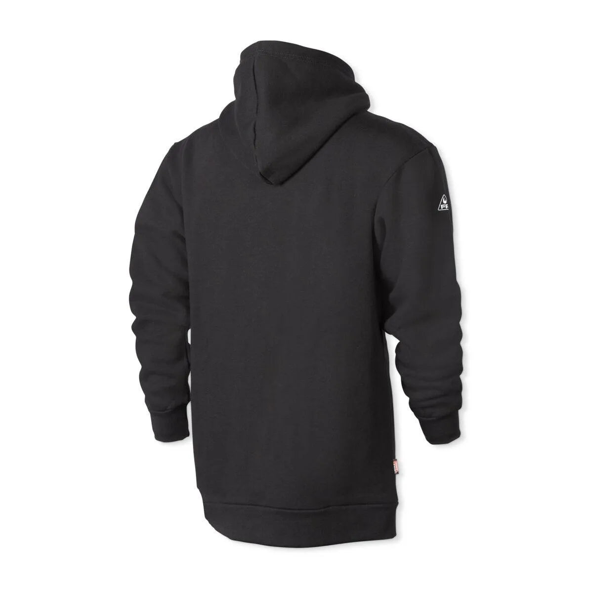 A back view of the Lincoln K5253-2XL Arc Rated FR Welding Sweatshirt (2XL), in plain black with a relaxed fit, long sleeves, hood up, and a small white logo on the left sleeve near the shoulder. Background is white.