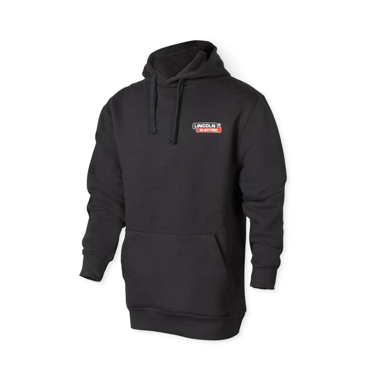 The Lincoln K5253-2XL Arc Rated FR Welding Sweatshirt (2XLarge) is black with a front pocket and a red, white, and black Lincoln Electric logo on the left chest. Shown on an invisible mannequin against a plain white background.