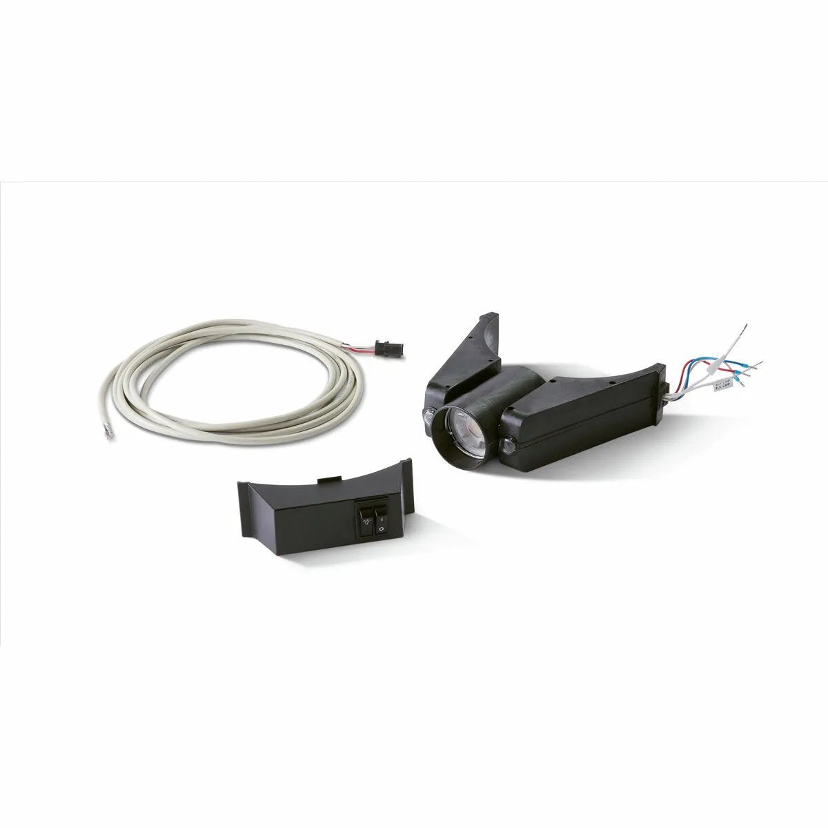 Lincoln Arc Sensor spotlight assembly, control switch, and cable for Mobiflex 4.1 Arm K1669-14 welding equipment on white background.