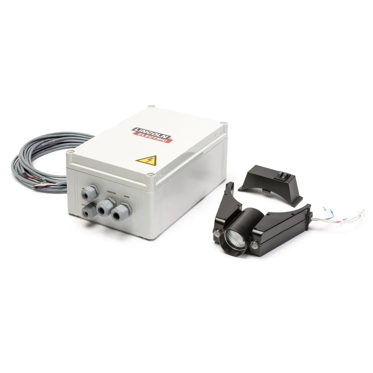 Lincoln Arc Sensor/Lamp Kit for 230V Prism 4200 2 HP Fan (K1669-10) and black arc sensor, welding accessories on white background.