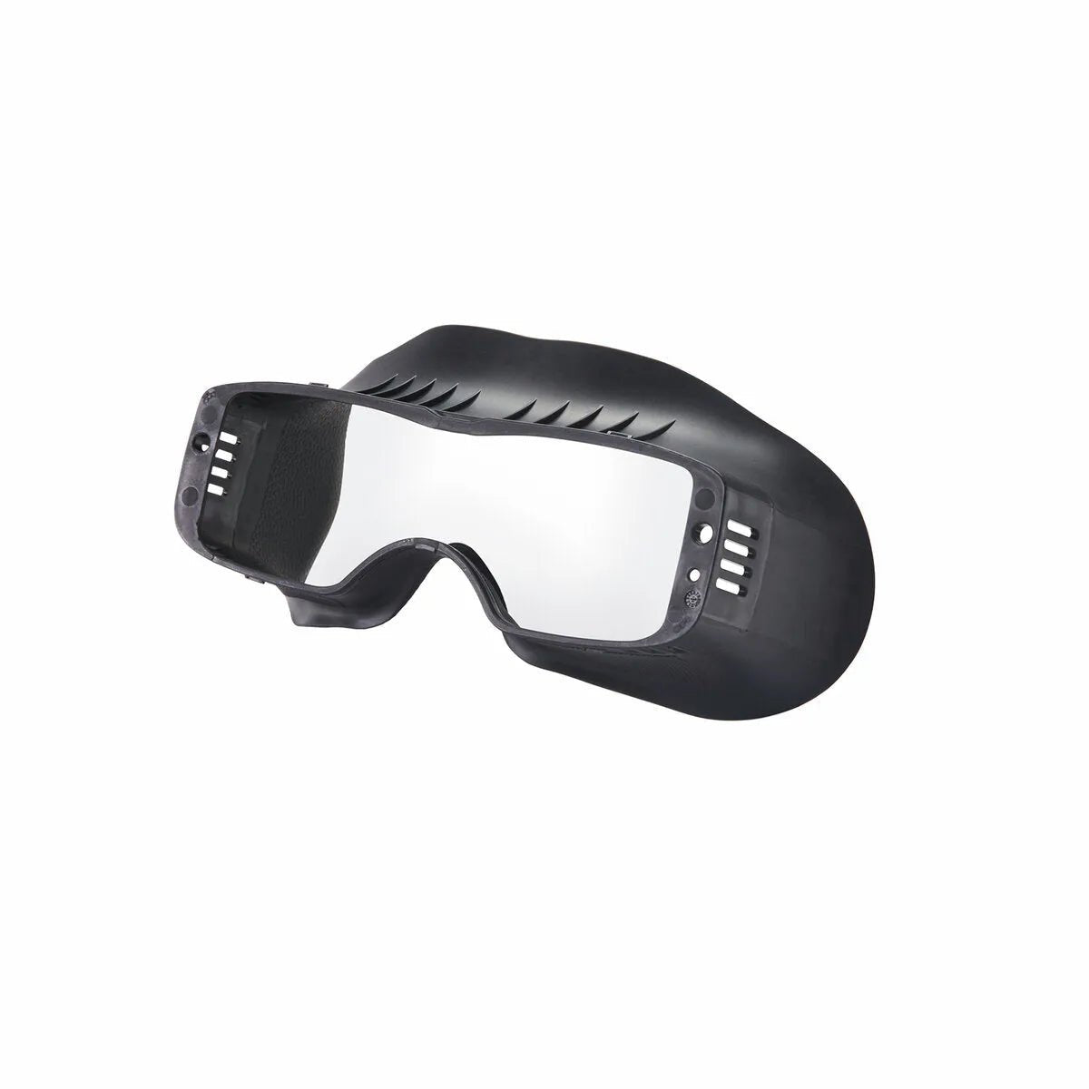 Lincoln ArcSpecs Goggle Frame KP4652-1, black welding safety goggles with clear lens, vented sides, rubber frame on white background.