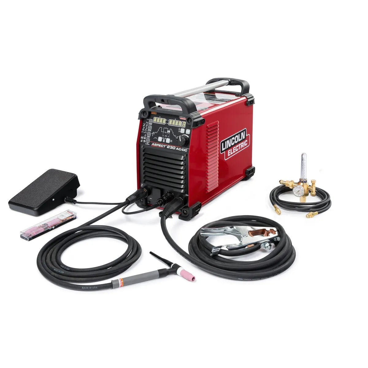 Lincoln Aspect 230 AC/DC Air-Cooled Welder One-Pak K4341-1 with cables, foot pedal, clamps & hoses on white, WeldingMart tools.