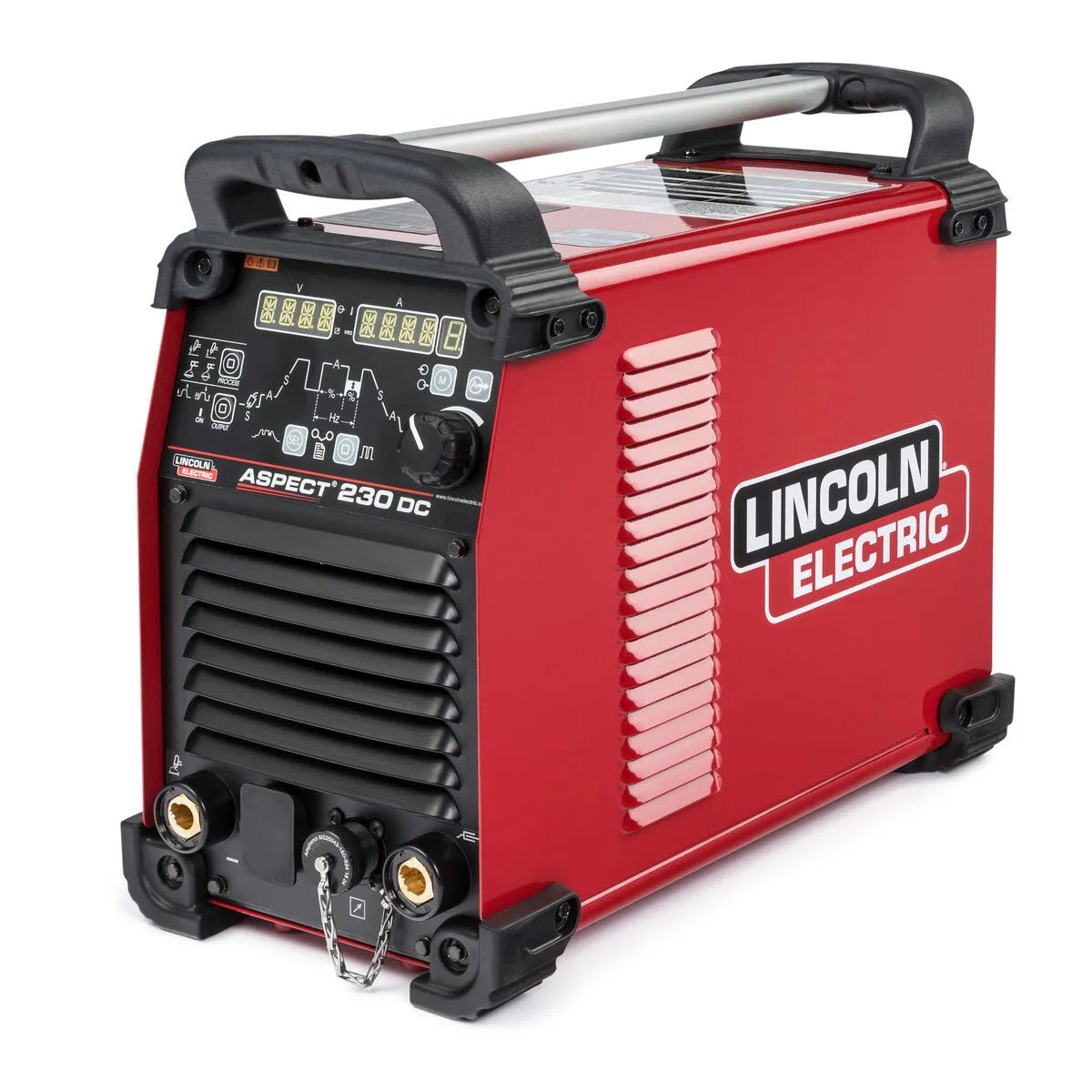 Lincoln Aspect 230 DC K4346-1 inverter welder in red with black accents, digital display, and handles for TIG welding power.