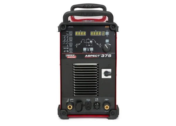 Lincoln Aspect 375 AC/DC TIG Welder demo unit, front view with control panel, knobs, ports, black/red case at WeldingMart.