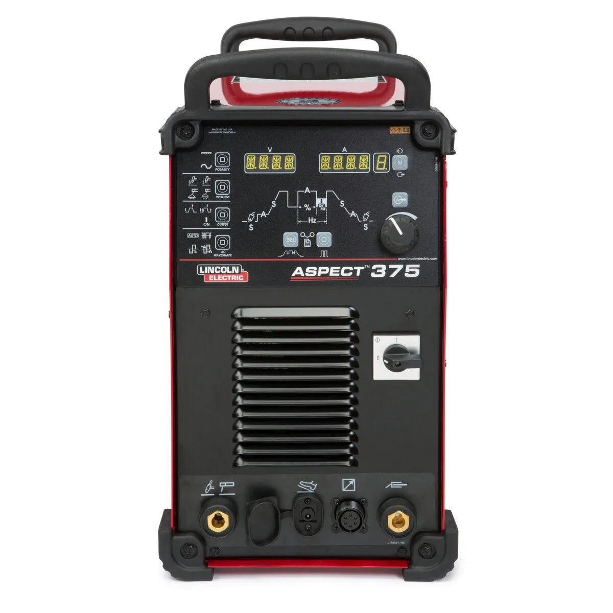 Lincoln Aspect 375 AC/DC TIG Welder Ready-Pak K3946-2 front view with digital controls, ports, black body, red accents for WeldingMart.