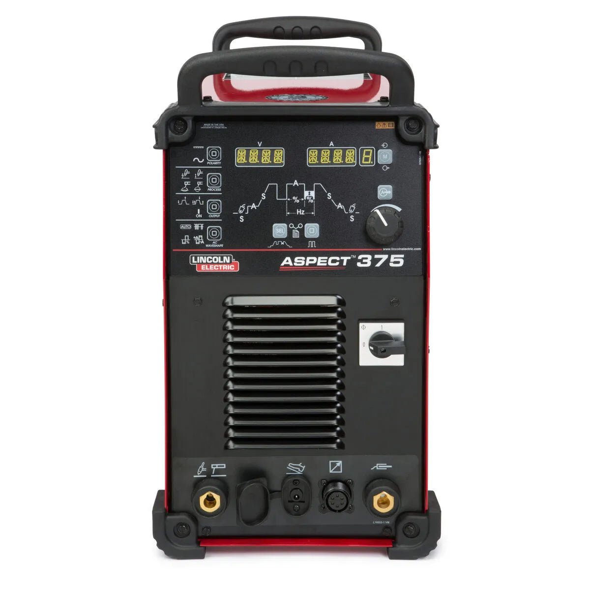 Lincoln Aspect 375 AC/DC TIG Welder Ready-Pak K3946-2 front view with digital controls, ports, black body, red accents for WeldingMart.