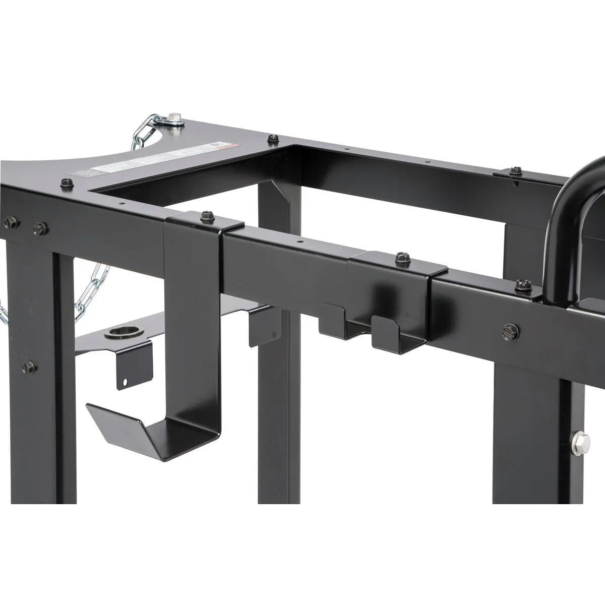 Close-up of the Lincoln Aspect 375 TIG Welder Cart K3949-1 shows a black metal frame with hooked brackets, angled supports, and a chain for added strength, highlighting the cart’s sturdy, industrial design for TIG welding setups.