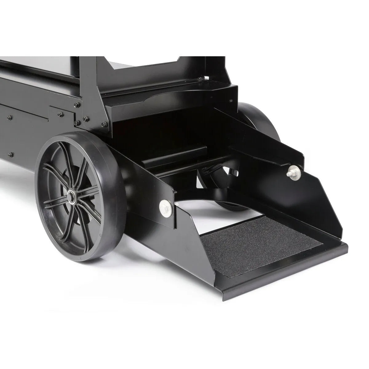 Close-up of the Lincoln Aspect 375 TIG Welder Cart K3949-1’s lower section, showing two large spoked wheels and a textured rear ramp for smooth loading of your TIG welding setup. Set against a plain white background.