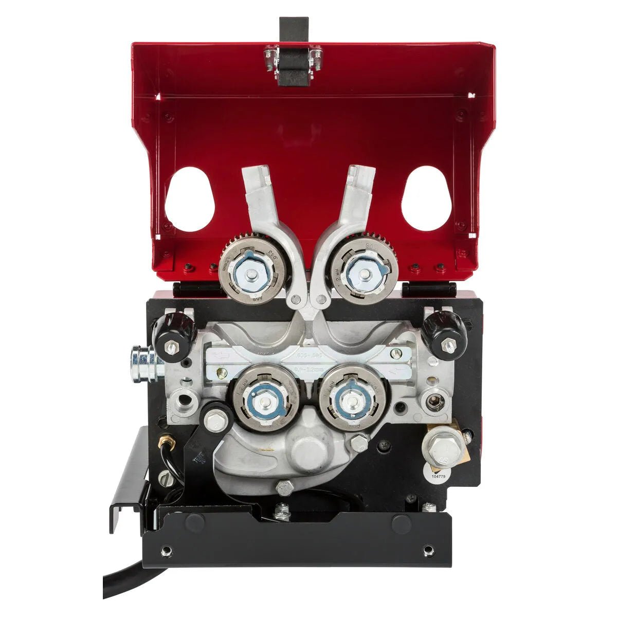 A close-up of the Lincoln AutoDrive 4R100 Wire Drive K3560-1 shows four metal gears in a black base with an open red cover, exposing internal components and rollers for robotic wire feeding in automated welding.