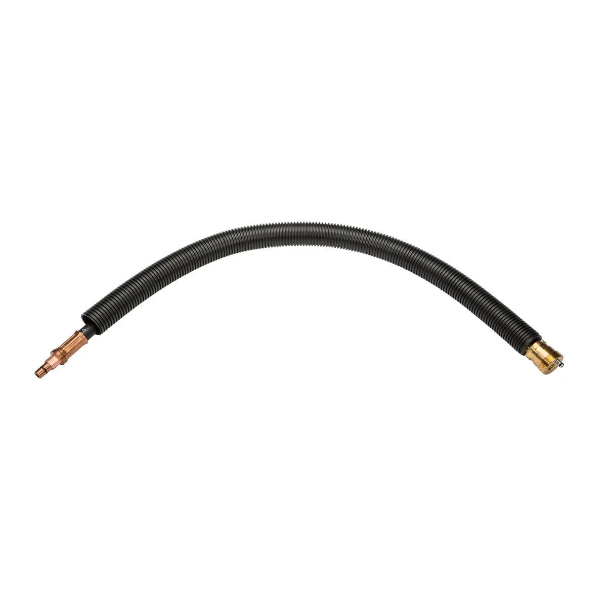 A flexible black corrugated hose with a brass connector on one end and a copper connector on the other, designed for use with the Lincoln AutoDrive S Cable Fanuc 100iC KP4305-100IC. Each threaded fitting ensures secure attachment. Shown on a white background.