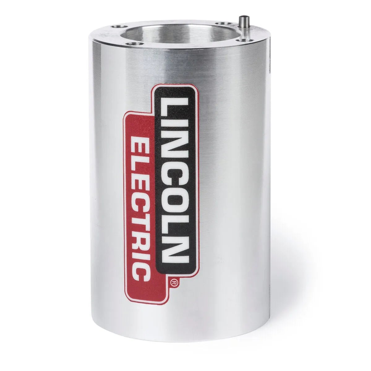 Lincoln AutoDrive S Torch Housing K4308-1, metal robotic welding torch accessory, with logo, screw holes, pin; white background.