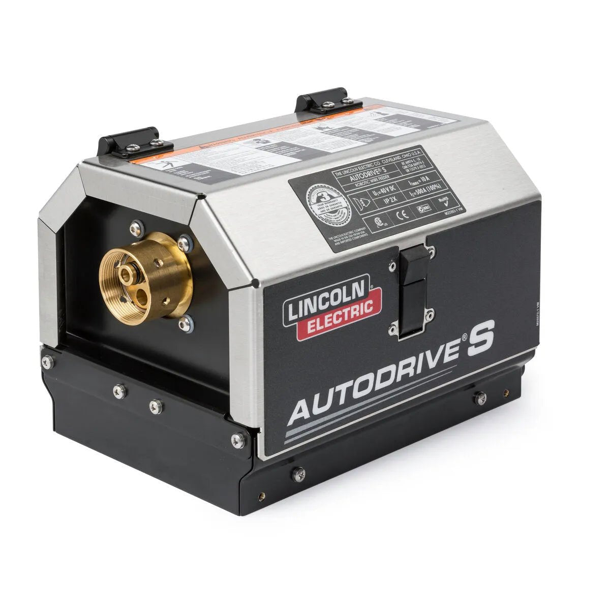 The Lincoln AutoDrive S Wire Feeder One-Pak for Fanuc Arc Mate 120iC (K4306-120IC) is a rectangular industrial metal device with a brushed steel top, black body, warning labels, and brass fitting for precise robotic wire feeding.