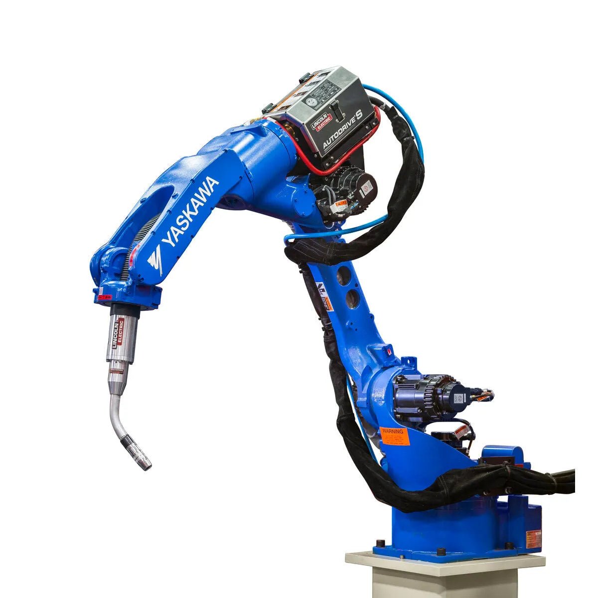 A blue industrial Yaskawa robotic arm with black cables is mounted on a metal base and features the Lincoln AutoDrive S Wire Feeder One-Pak for MotoMan 2010 K4306-MA2010 at its end, with visible labels, gears, and joints along the arm.