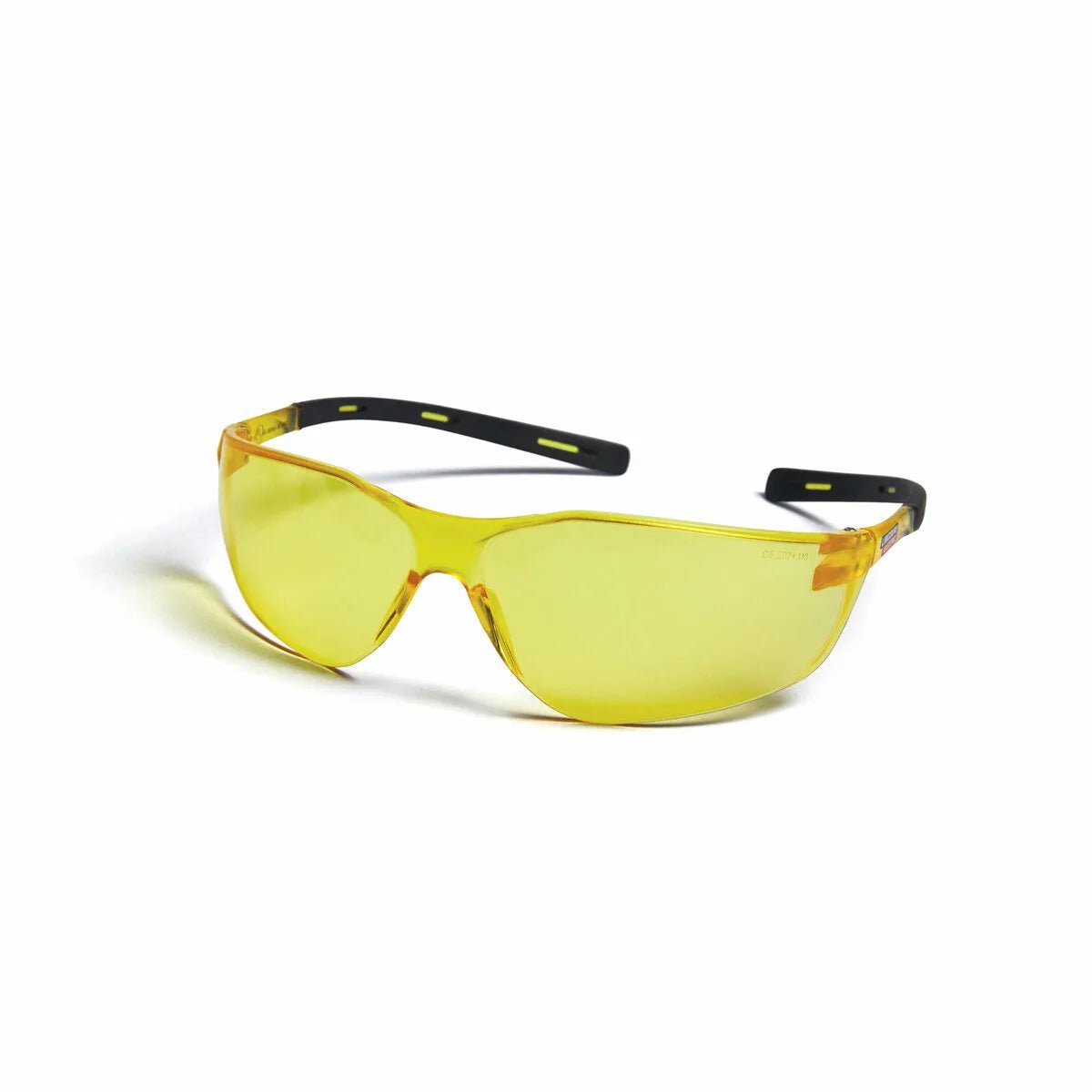 Lincoln Axilite Amber Anti-Scratch Safety Glasses K4674-1 for welding, yellow lens, wraparound design, black adjustable arms.