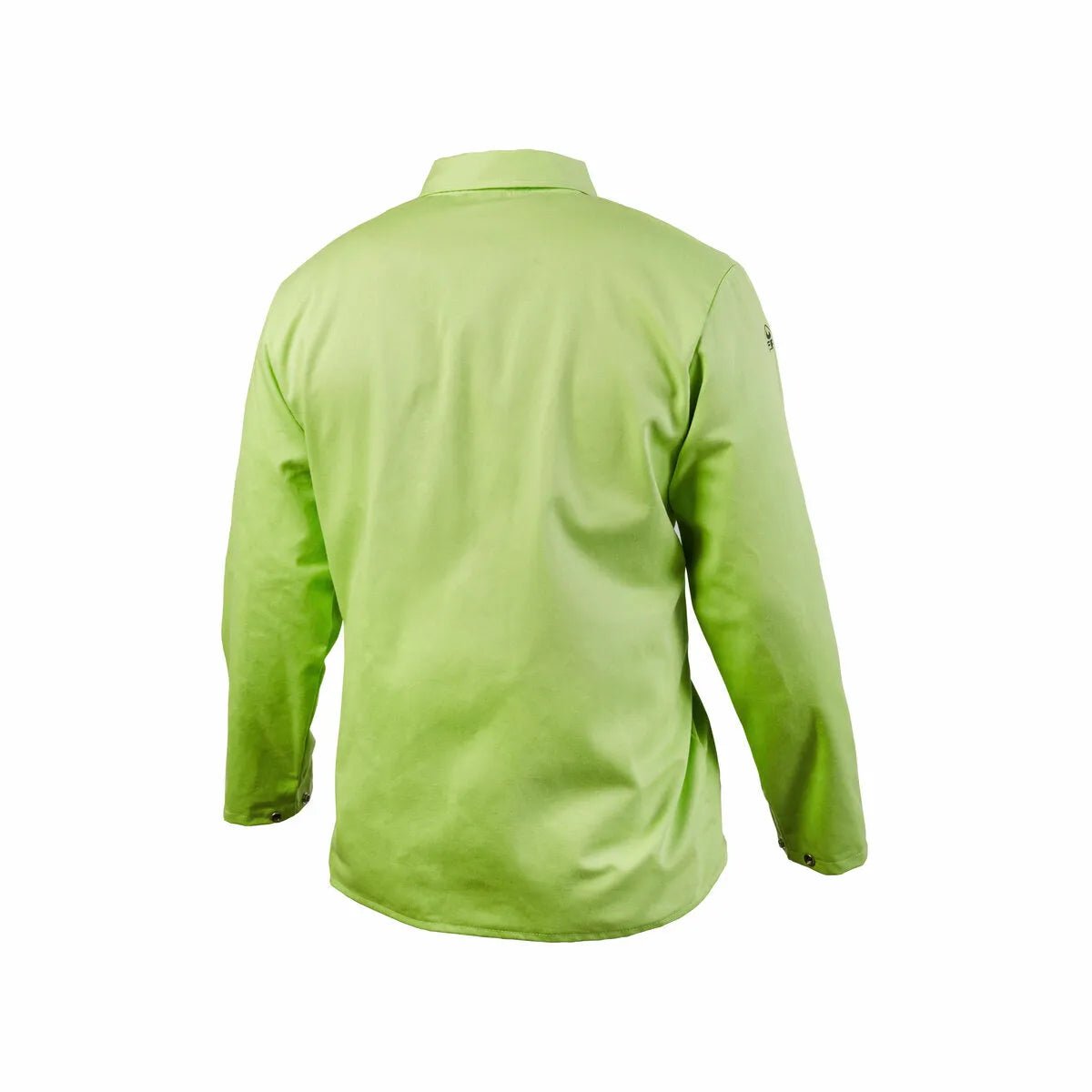 The Lincoln K4689-3XL Bright FR Cloth Welding Jacket in Safety Lime, size 3XL, is shown from the back against a white background. It features long sleeves, a collared neck, buttoned cuffs, and flame-retardant cotton fabric.