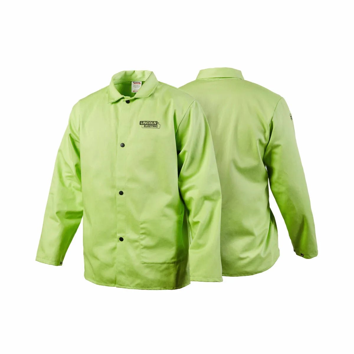 Two Lincoln K4689-L Bright FR Cloth Welding Jacket Safety Lime Large lab coats are shown, one front and one back. The front features a small embroidered ENCO logo. Both have black buttons and collars, offering durable FR protection in a stylish lime green.