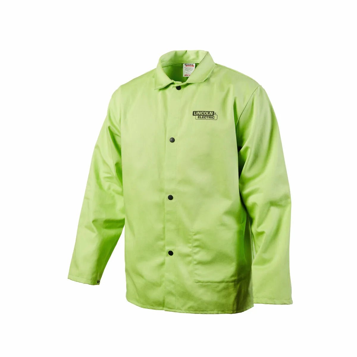 The Lincoln K4689-XL Bright FR Cloth Welding Jacket in Safety Lime (XL) is made from flame-retardant cotton, has black snap buttons, a collar, and the LINCOLN ELECTRIC logo on the left chest. Shown against a plain white background.