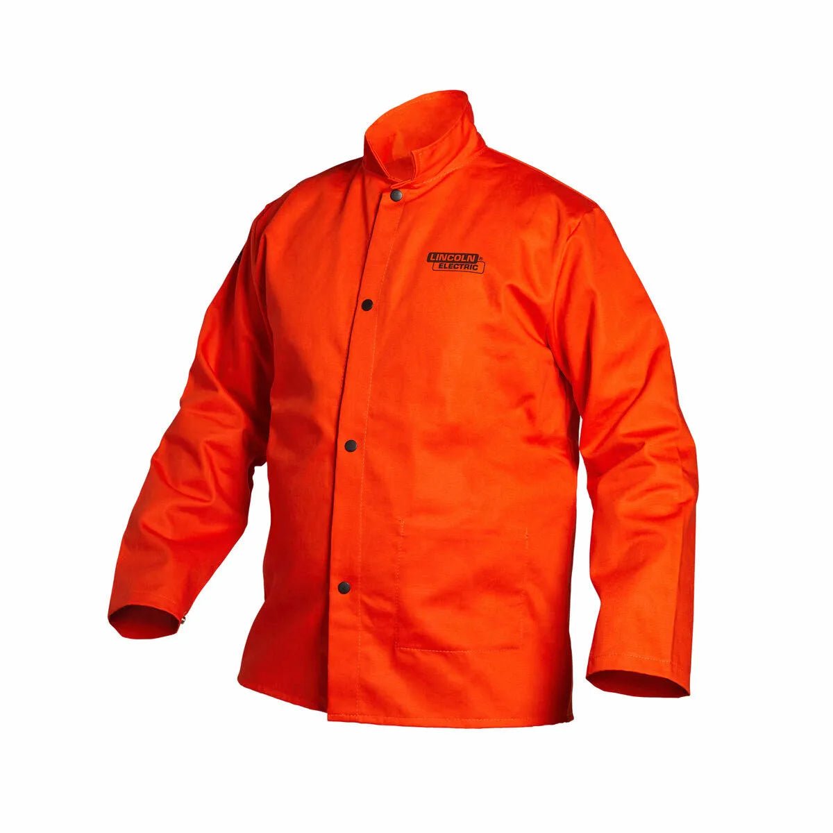 The Lincoln K4688-XL Bright FR Cloth Welding Jacket in safety orange (XL) is made from flame retardant cotton, with black front buttons, a high collar, and the Lincoln Electric logo on the left chest. Shown on a white background without a mannequin.