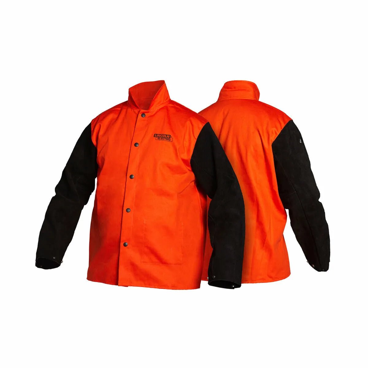 Two Lincoln K4690-3XL Bright FR Orange Jackets with black leather sleeves, high collars, and long sleeves are shown—one front-facing with chest logo and buttons, the other back view. Both are flame-retardant protective wear in size 3XL.