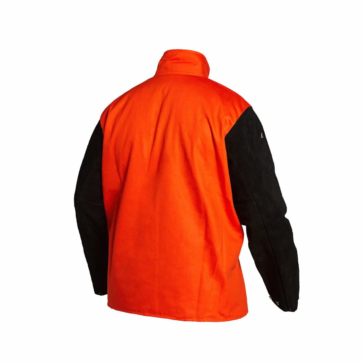 The Lincoln K4690-M Bright FR Orange Jacket with Leather Sleeves (Medium) is shown from the back, featuring a safety orange body and collar, black leather sleeves, and a loose fit that contrasts against the white background.