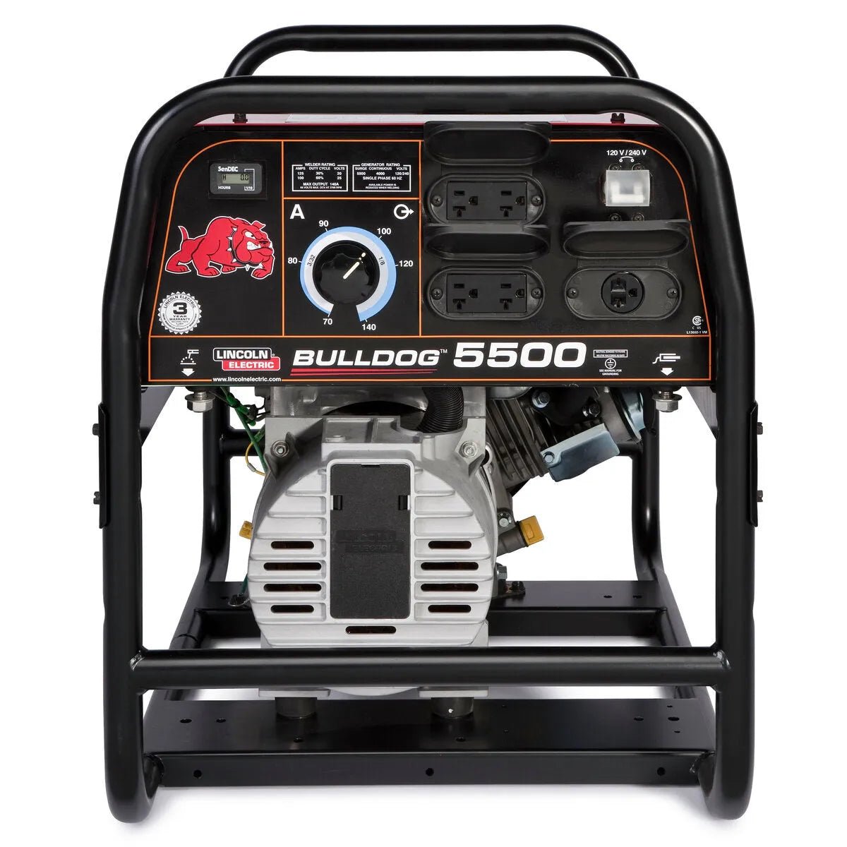 Lincoln Bulldog 5500 Engine Driven Welder Kohler with control panel, outlets, settings—portable AC stick welding equipment.
