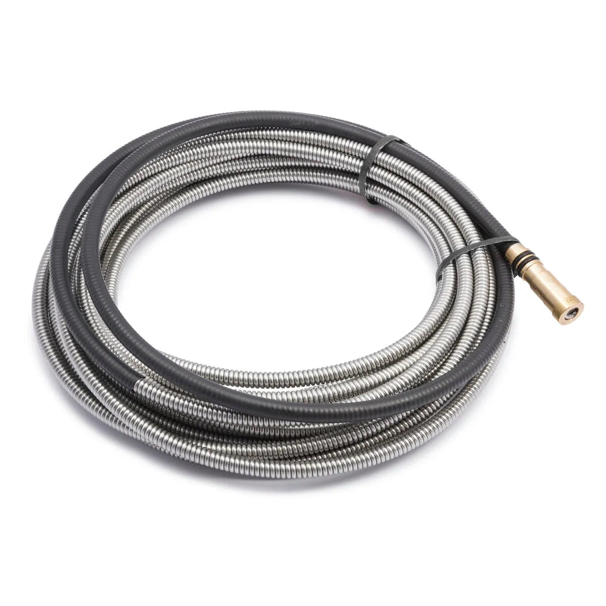 A coiled metal drain cleaning snake with a brass tip and a black protective covering, similar in design to a Lincoln cable liner for Magnum 100L guns using .035-.045 wire.