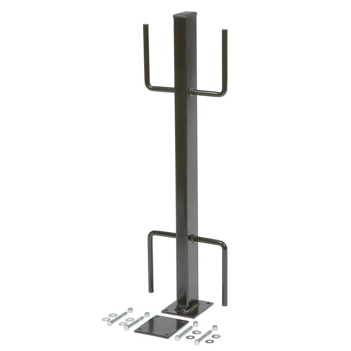The Lincoln Cable Rack for Welder Trailers K2640-1 is a black metal post rack with four horizontal arms, designed for cable or welding cable storage. It stands upright on a square base plate with mounting hardware included. Plain white background.