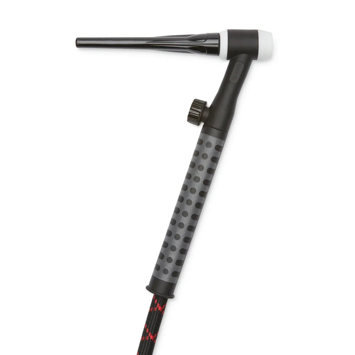 Close-up of the Lincoln Caliber 17 Series TIG Torch Flex/Valve, 12.5 ft (K4841-17FV-1), featuring a black and gray head, textured dotted handle, black adjustment knob, and flexible hose. Shown against a plain white background.