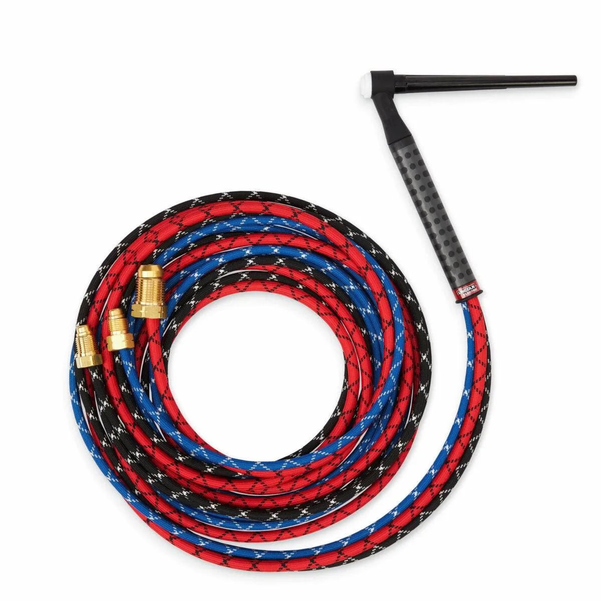 The Lincoln Caliber 20 Series TIG Torch Rigid, 25 ft (K4845-20-2), features a flexible, coiled hose with a braided red, blue, and black pattern, brass connectors on one end, and a black welding torch handle with a long nozzle on the other.