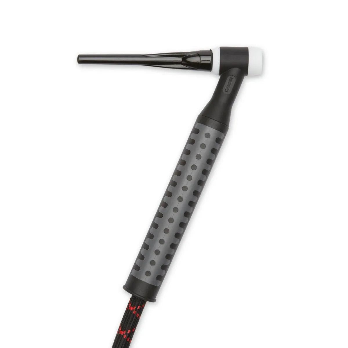 The Lincoln Caliber 26 Series TIG Torch Flexible, 12.5 ft (3.8 m) K4842-26F-1 features a black and gray design with a dotted grip, long flexible nozzle, and a black/red woven hose attached at the base, shown against a white background.
