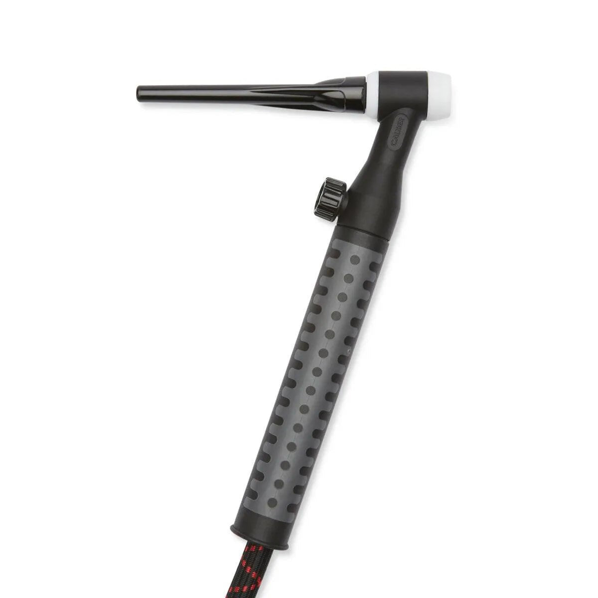 A close-up of the Lincoln Caliber 26 Series TIG Torch Flex/Valve, 25 ft (7.6 m) K4842-26FV-2 features a compact design with a black and gray handle, flexible nozzle, pressure adjustment knob, and premium details against a white background.